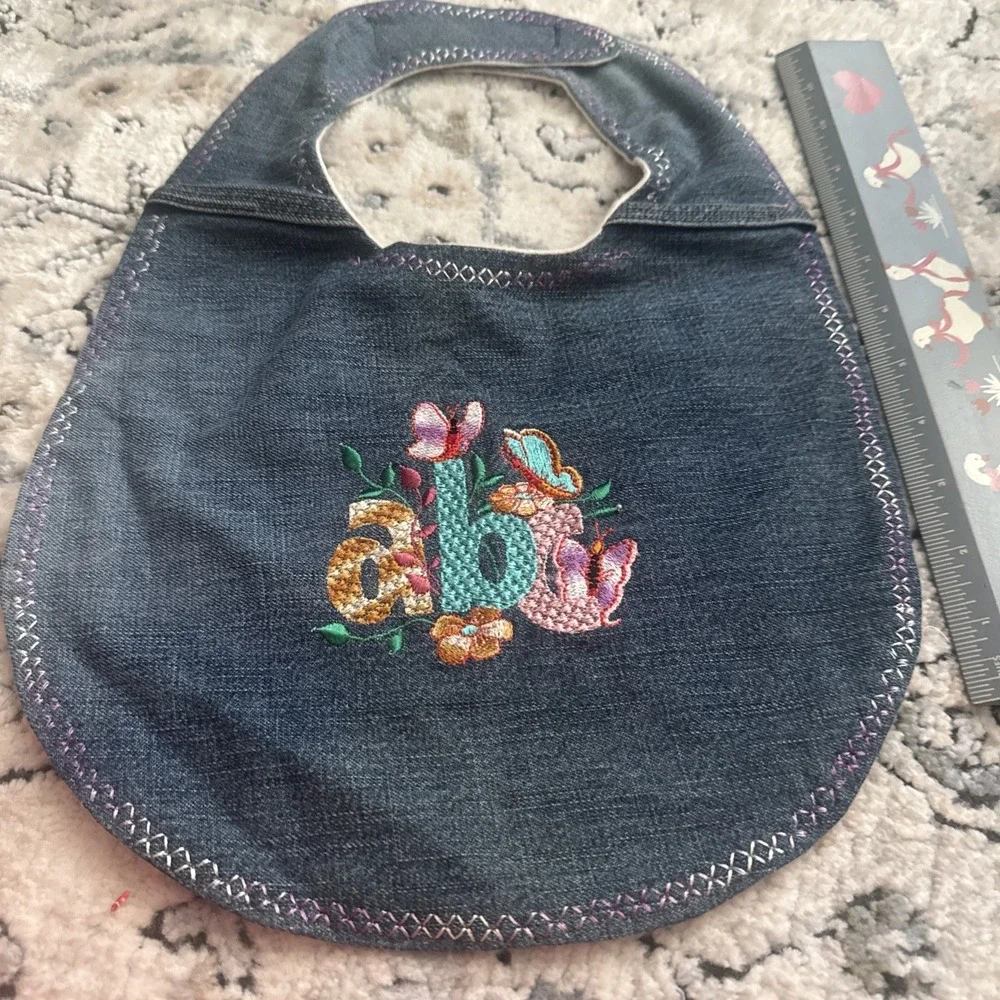 Infant Baby Denim Cloth Bib W/ Embroidery With Adjustable Closure